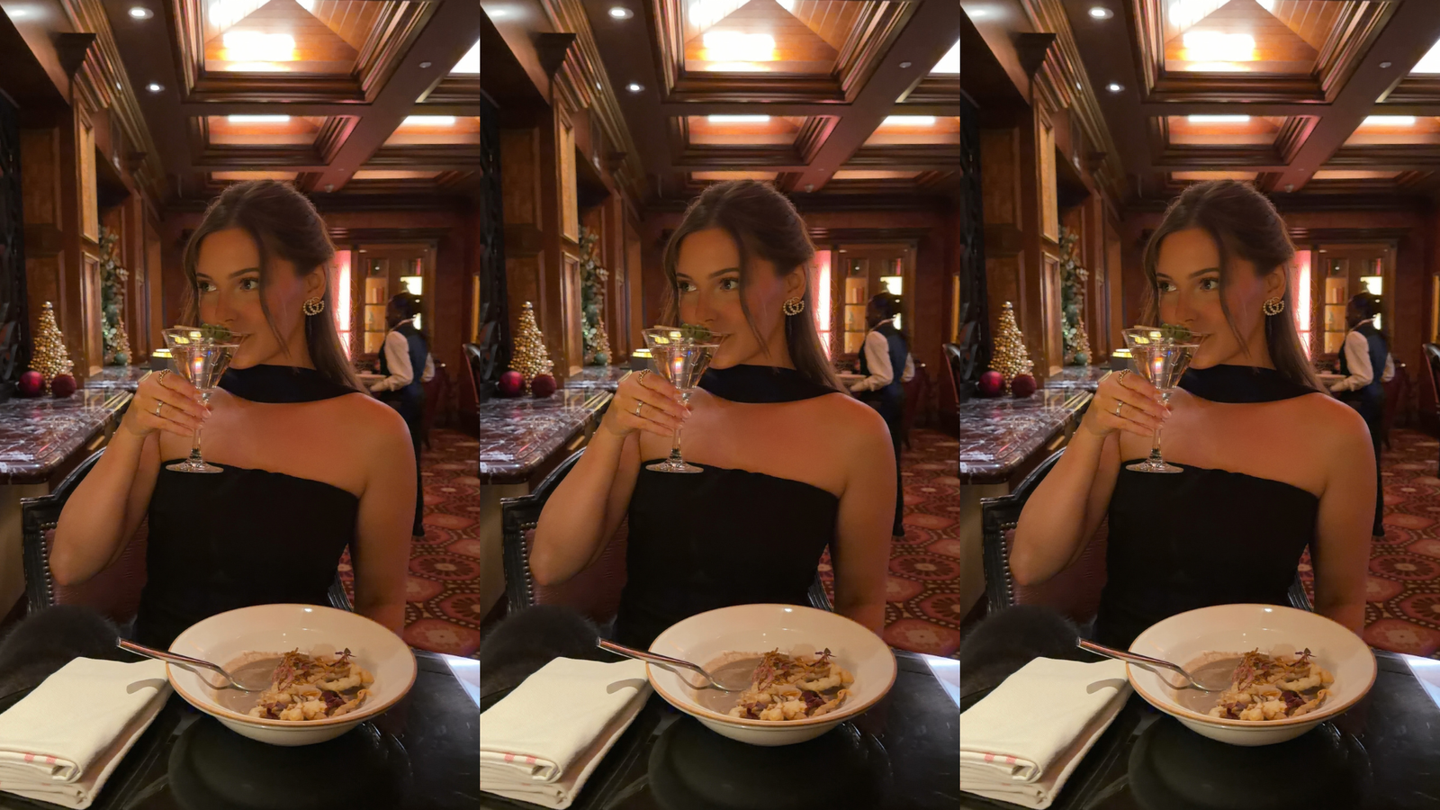 Woman with straight posture wearing a black evening dress